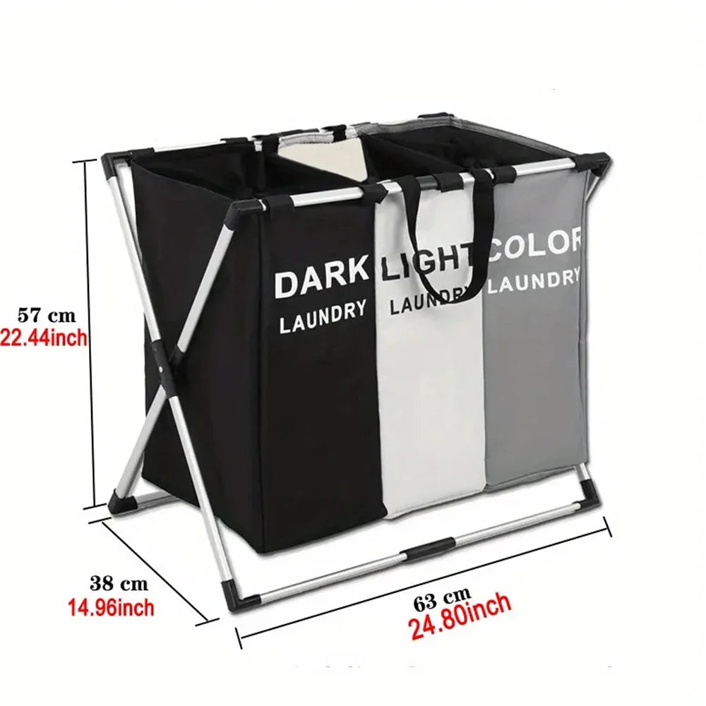 A foldable waterproof laundry basket with handles and sorting compartments shown in black, white, and gray.