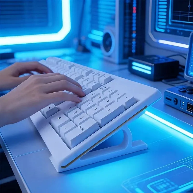A white ergonomic keyboard riser with a non-slip base is shown on a futuristic blue illuminated desk.