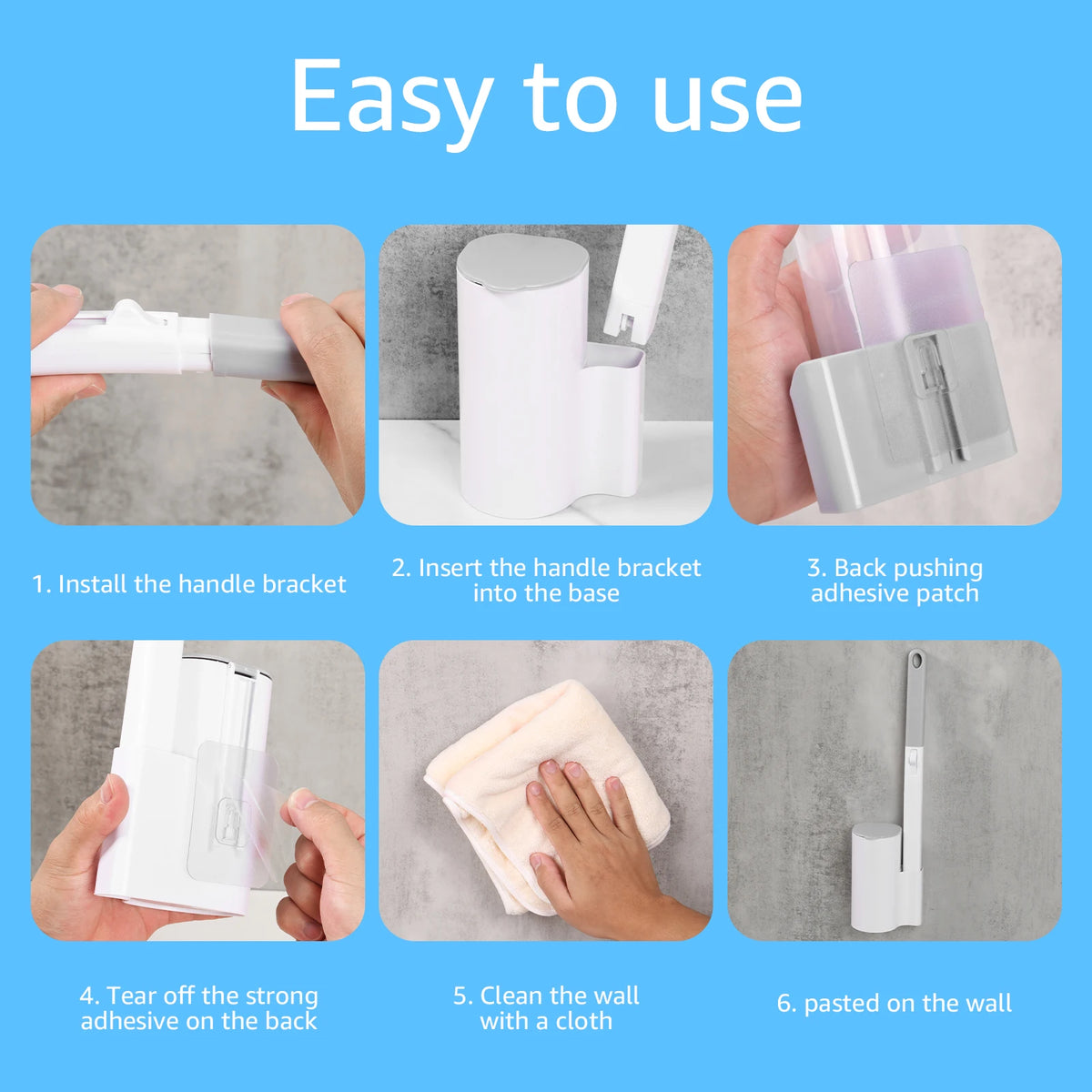 Step-by-step instructions showing how to install and use a wall-mounted disposable toilet brush set.