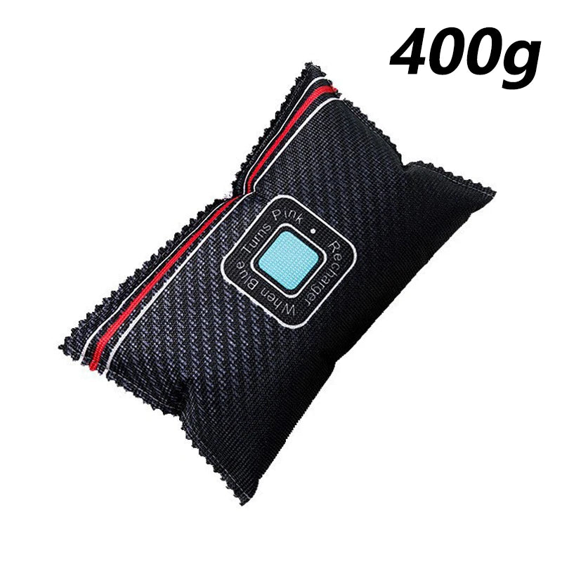 Black reusable car dehumidifier bag with a pink and blue visual humidity indicator