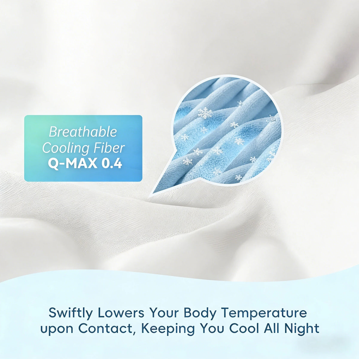 A close-up of a white fabric showing a blue, breathable cooling fiber texture and text describing its temperature-lowering pr