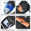 Various pockets and compartments on a black hydration vest showing water bottle, patch, phone, and wallet.