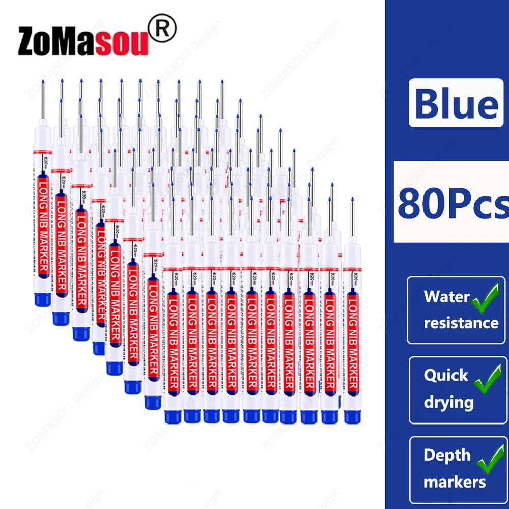 A set of blue long-head waterproof deep hole markers for woodworking and construction
