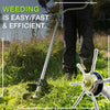 A person is using a long metal pole with a wire brush head to remove weeds from grass and vegetation.