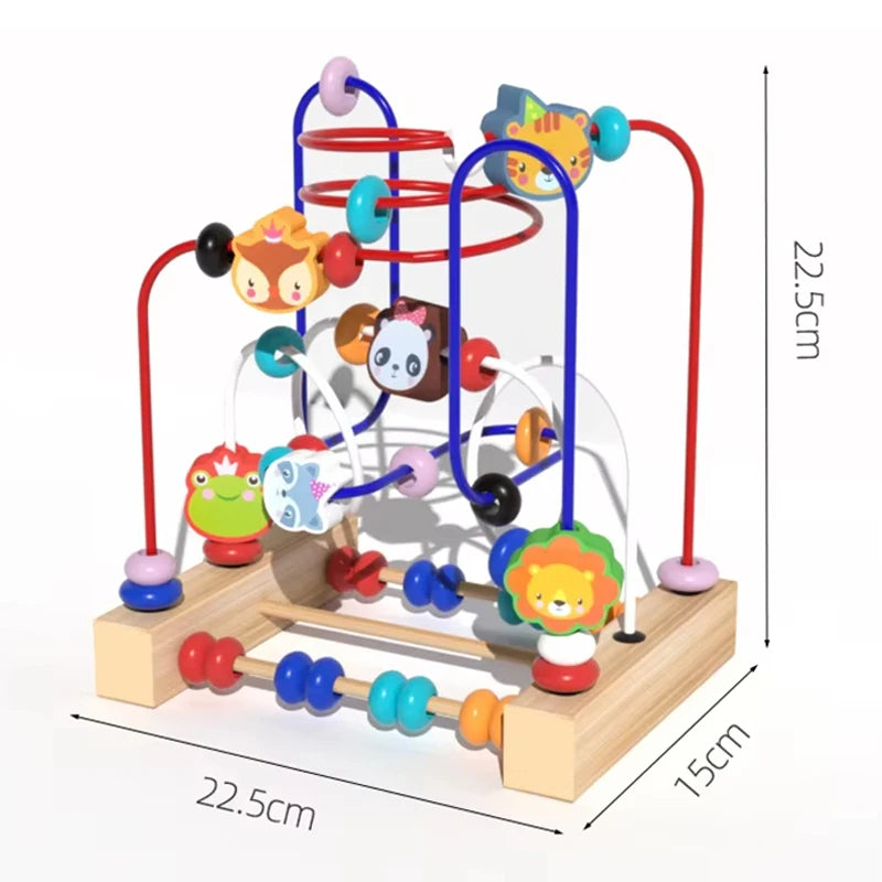 A wooden bead maze toy for toddlers featuring colorful beads on red and blue strings.