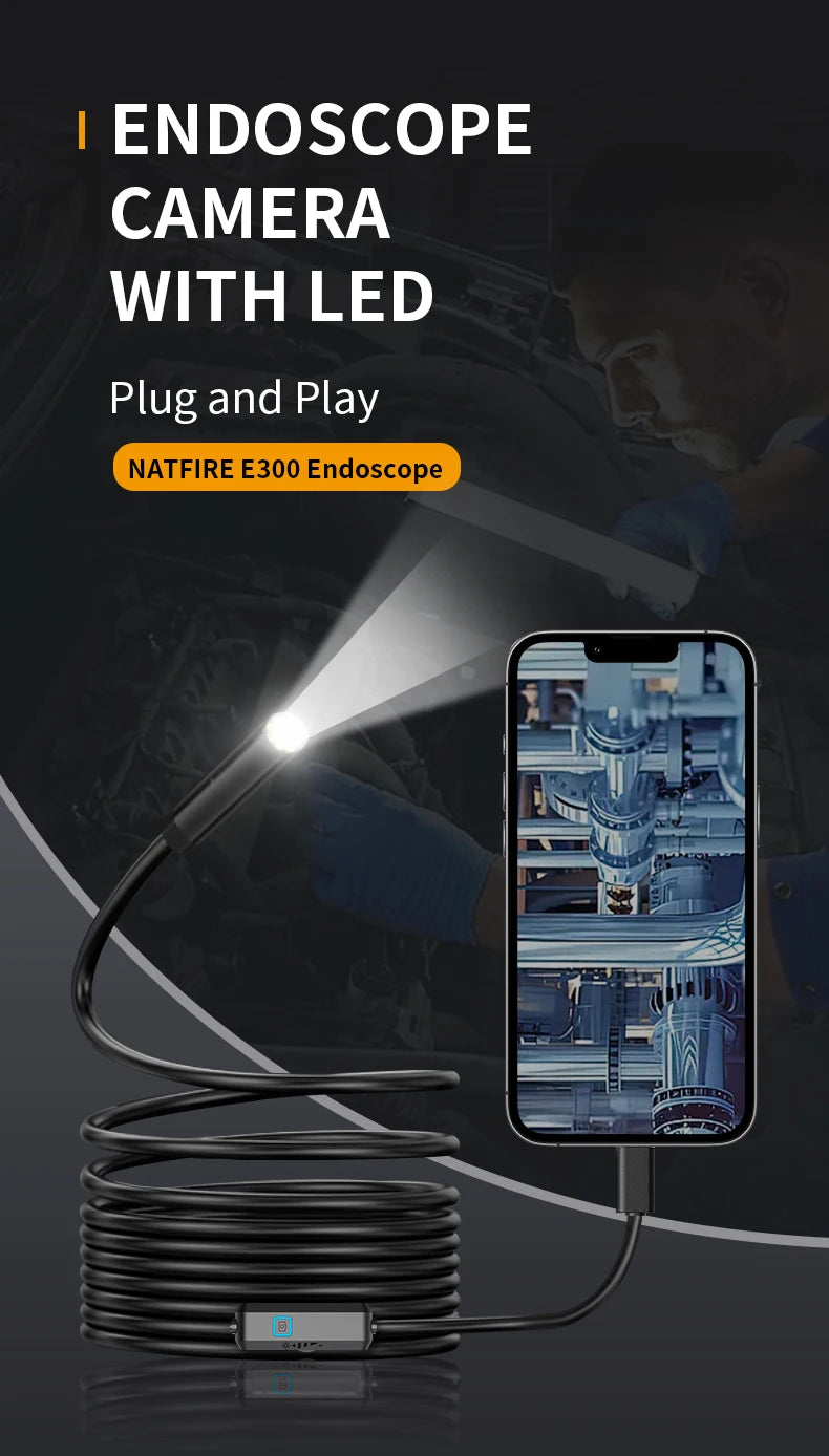 A plug and play endoscope camera with LED, featuring a flexible cable and an image displayed on a smartphone screen.