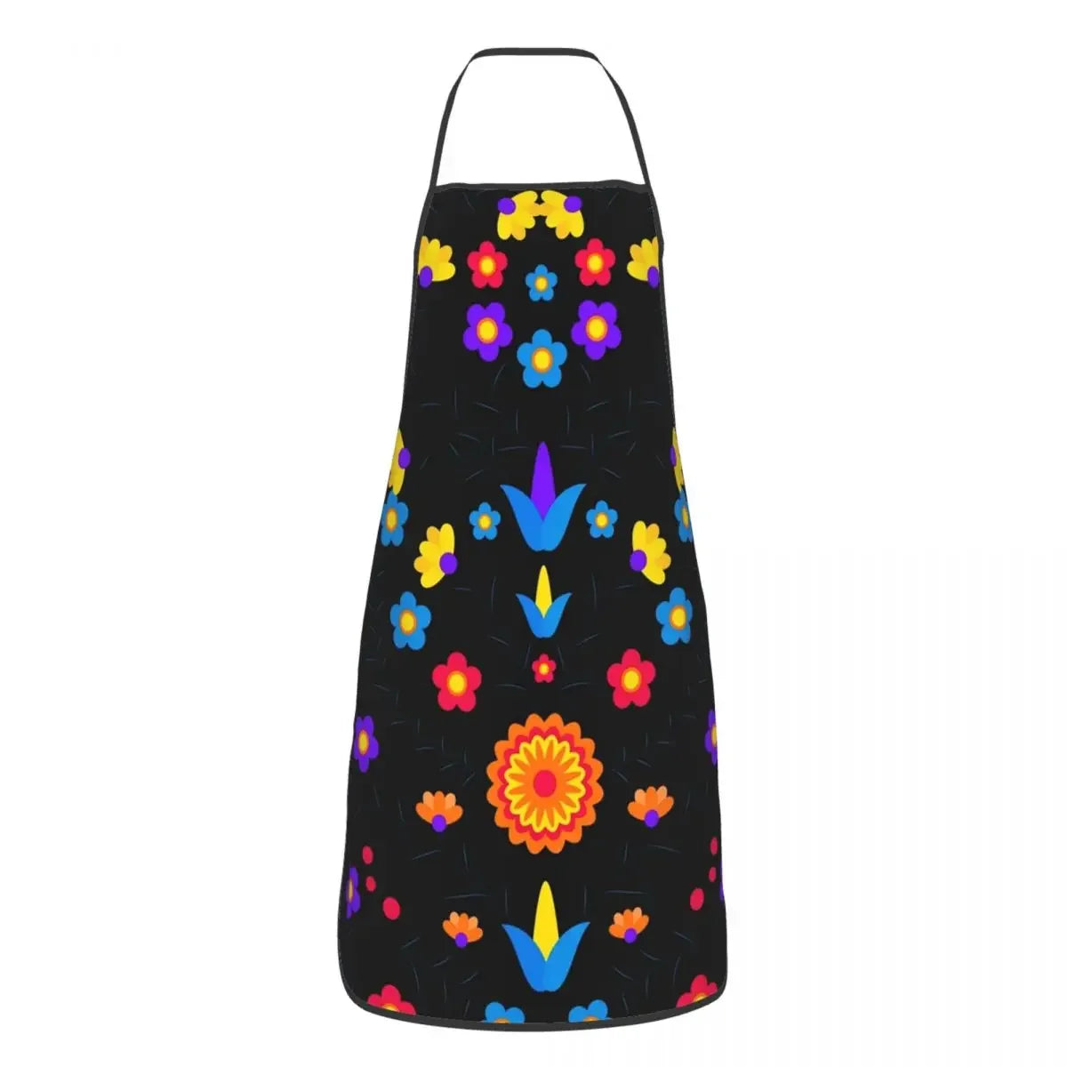 A black apron decorated with colorful Mexican floral art patterns.