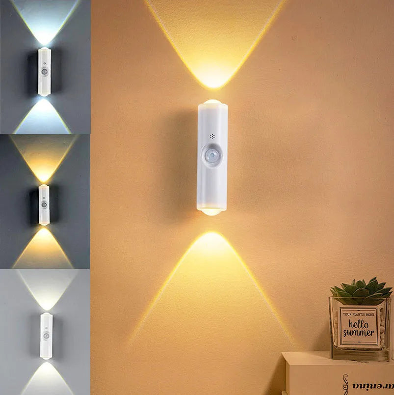 A white rechargeable motion sensor LED night light with adjustable yellow illumination mounted on a beige wall.