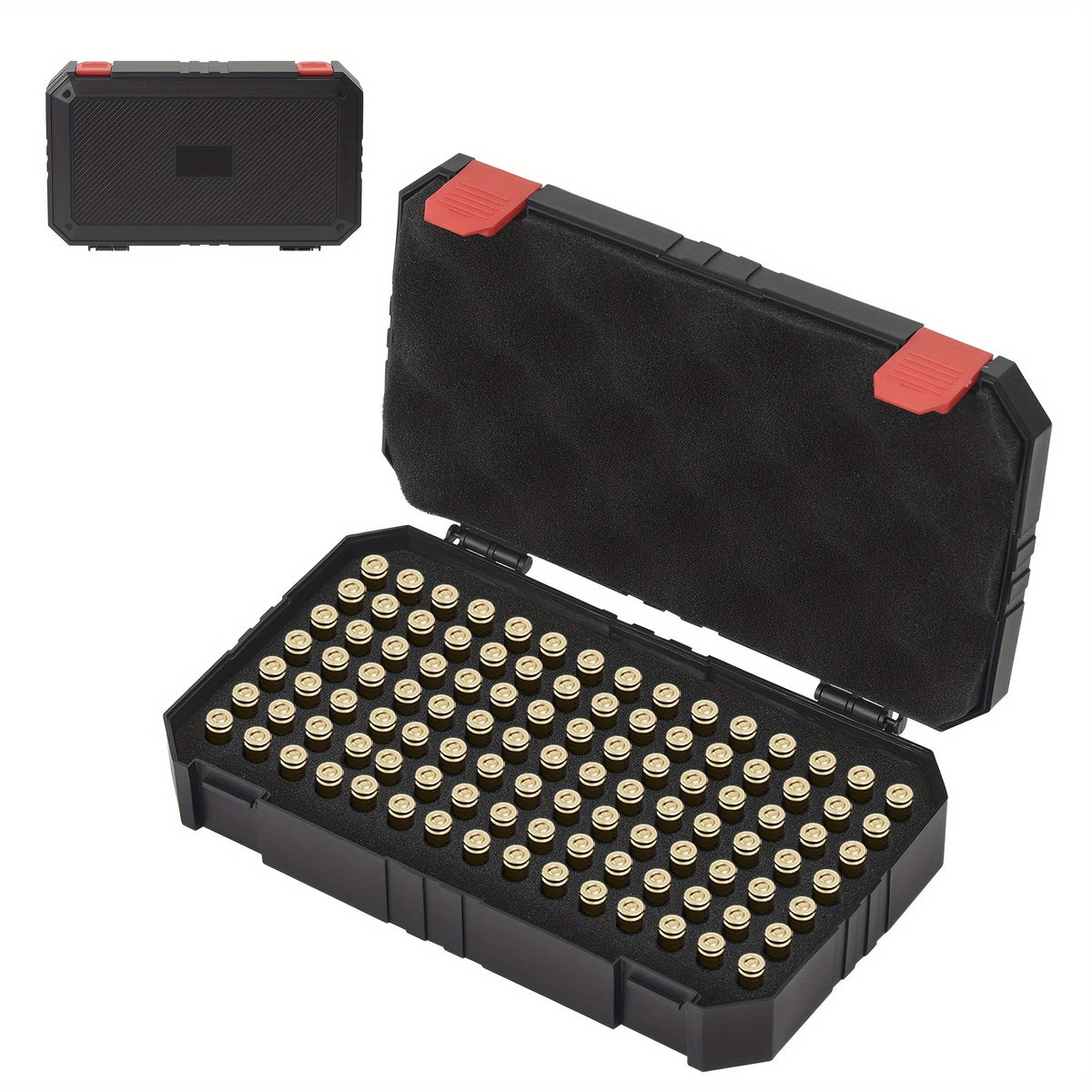 A black heavy-duty ammo storage case is shown open, revealing a tray of 105 rounds.