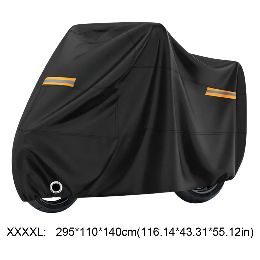 Housse universelle noire pour moto, protection pluie et soleil, vue de côté.