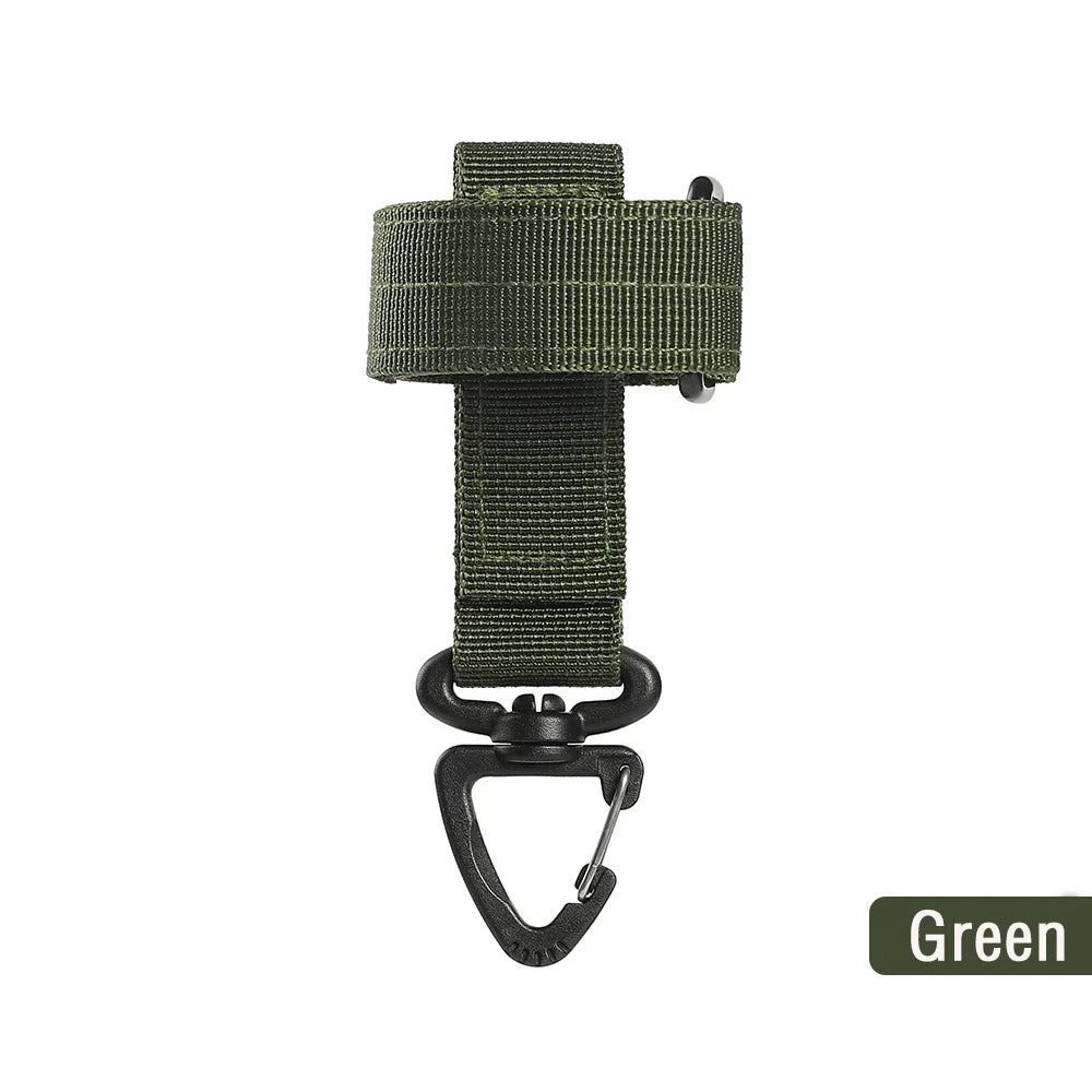 A green nylon glove hook with an adjustable clip.