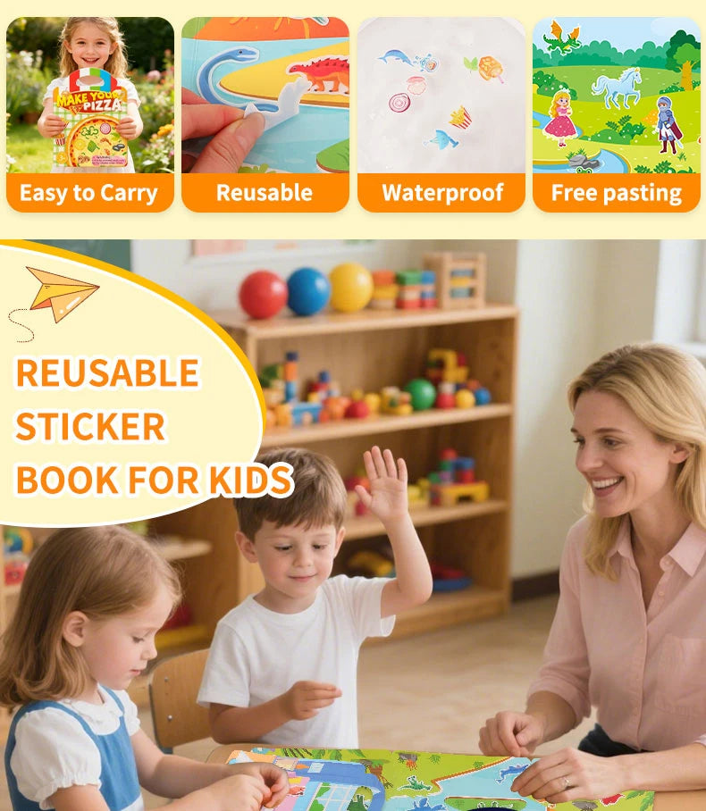 A child is using a reusable sticker book for kids featuring animal and ocean themes.