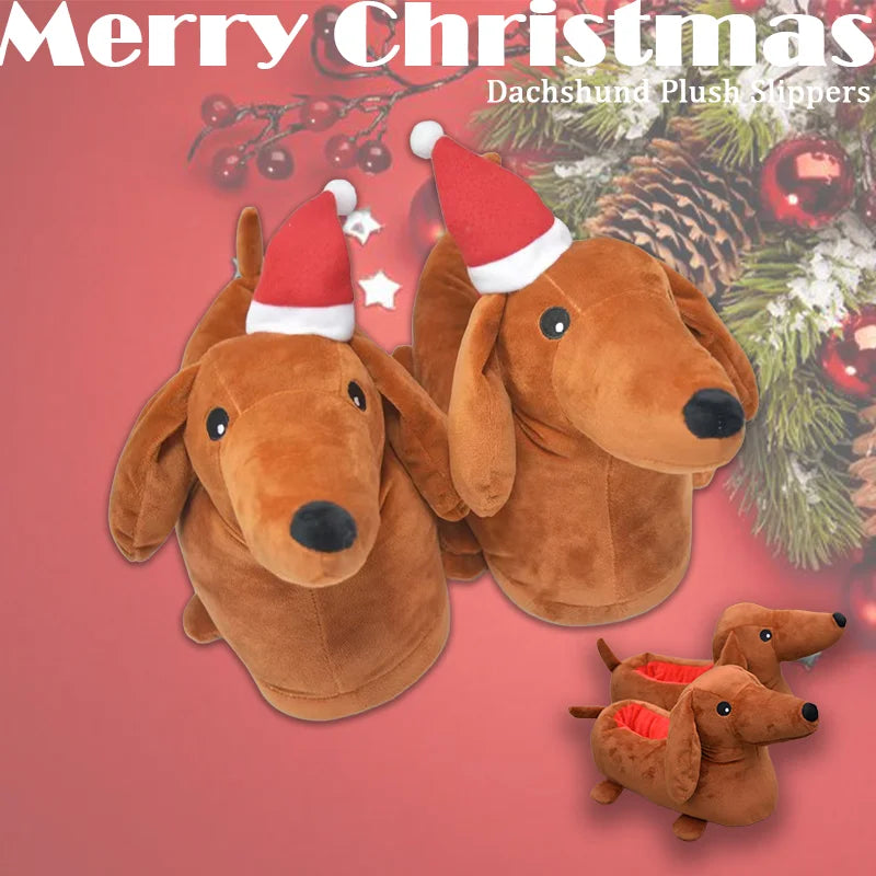 A festive image showing several plush dachshund dog slippers with Santa hats, set against a Christmas background.