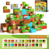 A collection of wooden and plastic building blocks in various colors and shapes arranged on a green landscape.