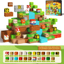 A collection of wooden and plastic building blocks in various colors and shapes arranged on a green landscape.