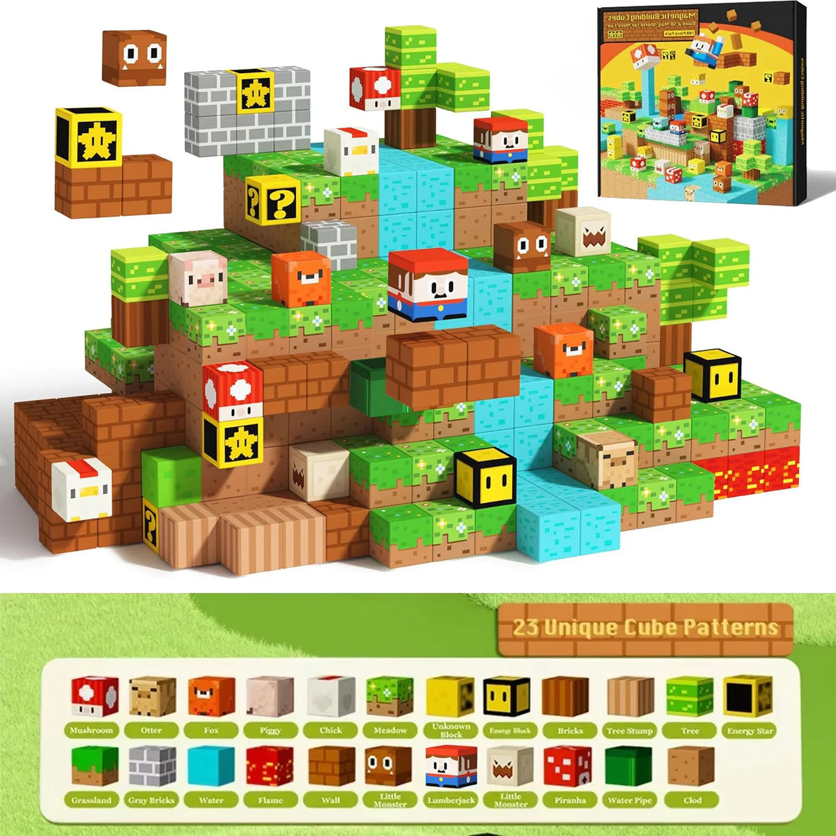 A collection of wooden and plastic building blocks in various colors and shapes arranged on a green landscape.