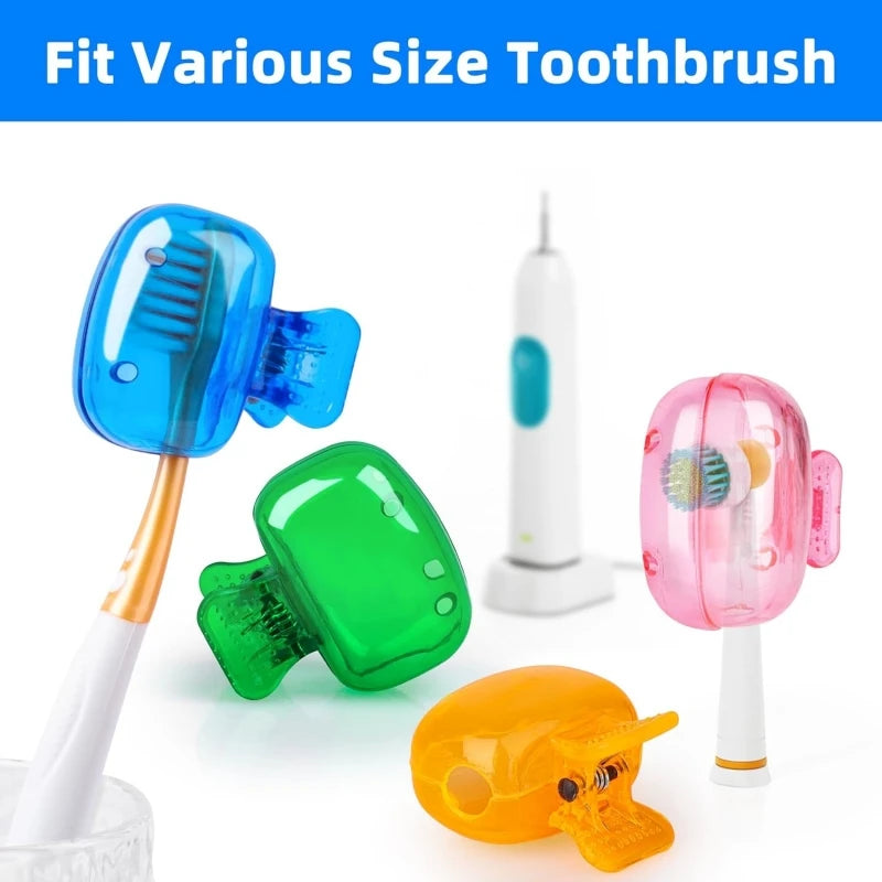 Various size toothbrush heads and covers in blue, green, pink, and yellow are displayed on a white background.