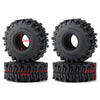 A set of black mud terrain wheels and tires for RC crawlers, showing the individual tire and the mounted wheel.