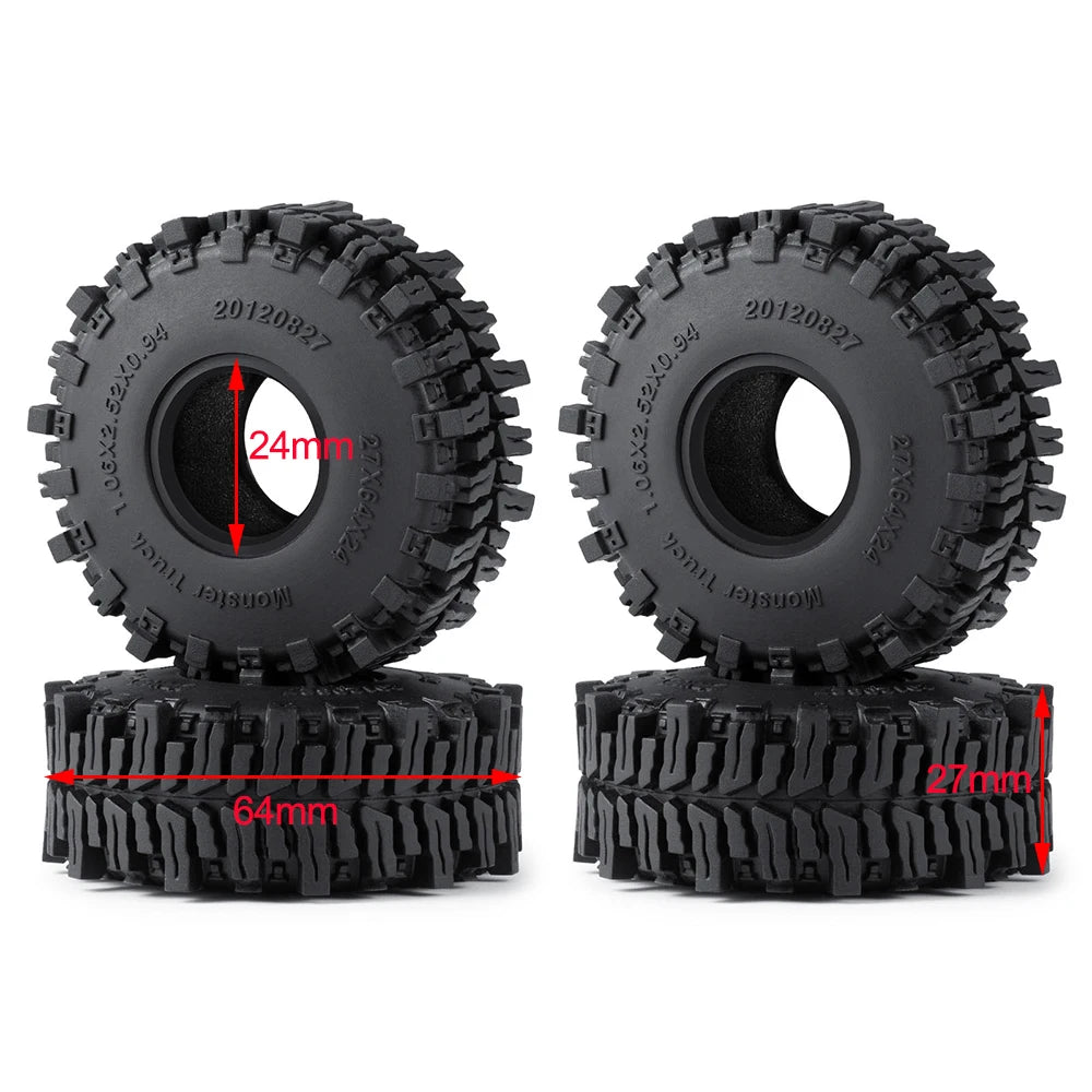 A set of black mud terrain wheels and tires for RC crawlers, showing the individual tire and the mounted wheel.