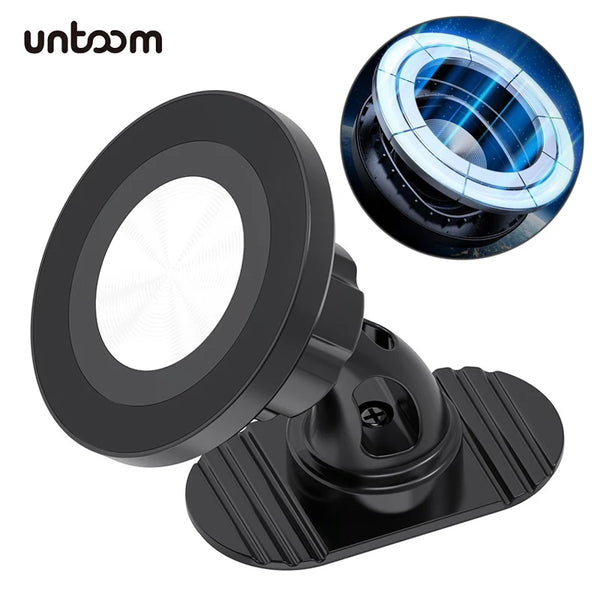 A black magnetic car phone mount with a clear lens and blue light, designed for 360° rotation.