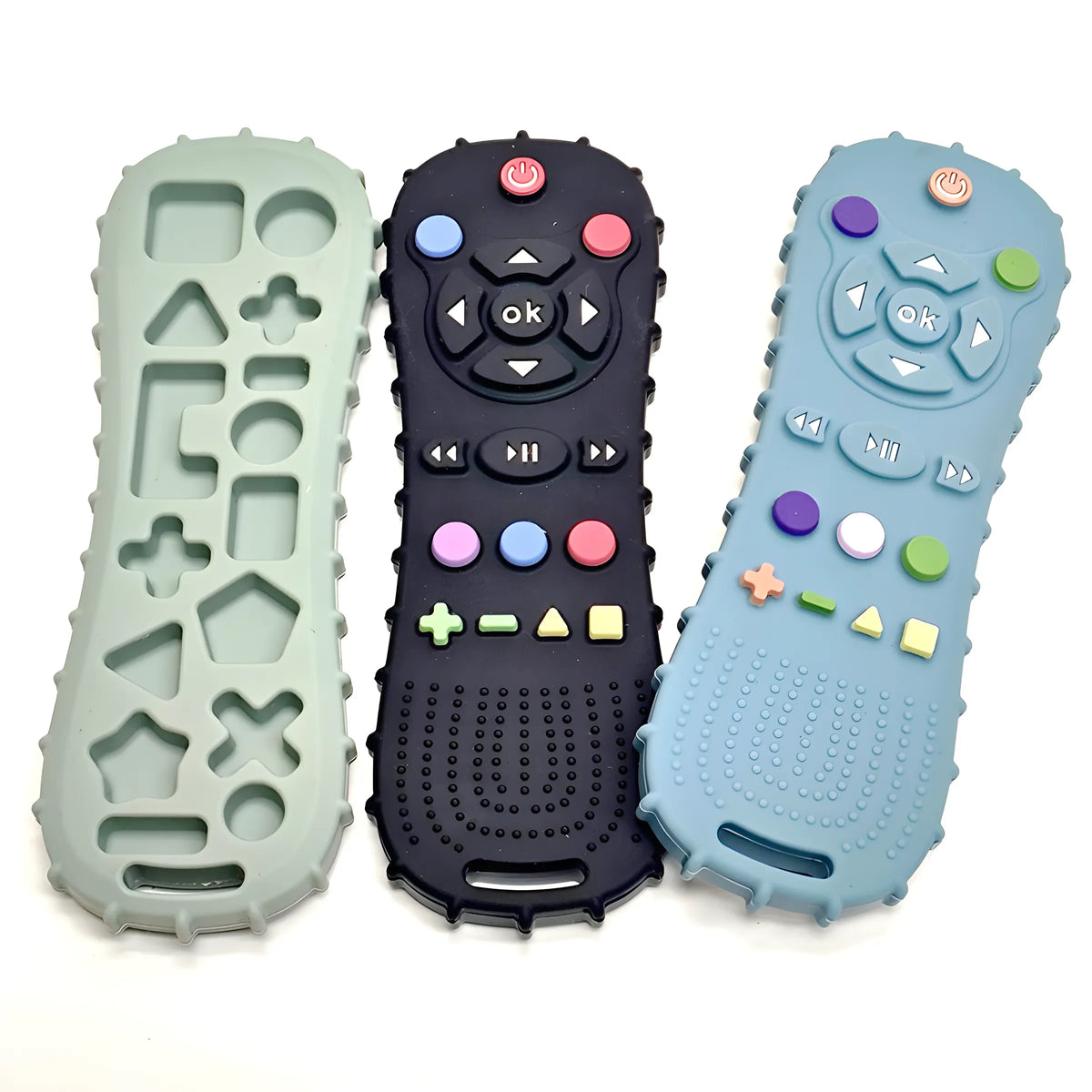 Three silicone baby teethers in green, black, and light blue with various shapes and buttons