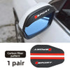 A pair of black carbon fiber rain covers for car side mirrors, featuring a red SPORT logo.