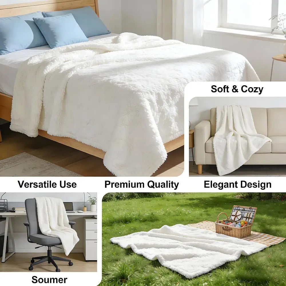 A white high-density short plush throw blanket is displayed on a bed, a sofa, and outdoors.