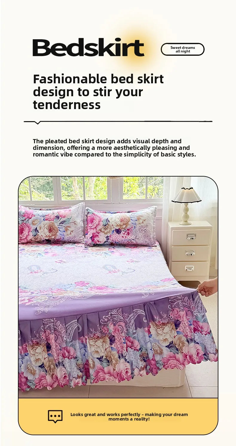 A purple floral print bed skirt and pillowcase set displayed on a bed with white nightstands.