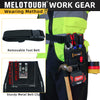 A yellow and black work uniform shows a tool belt with a removable belt and a sturdy metal belt clip on a black pouch.