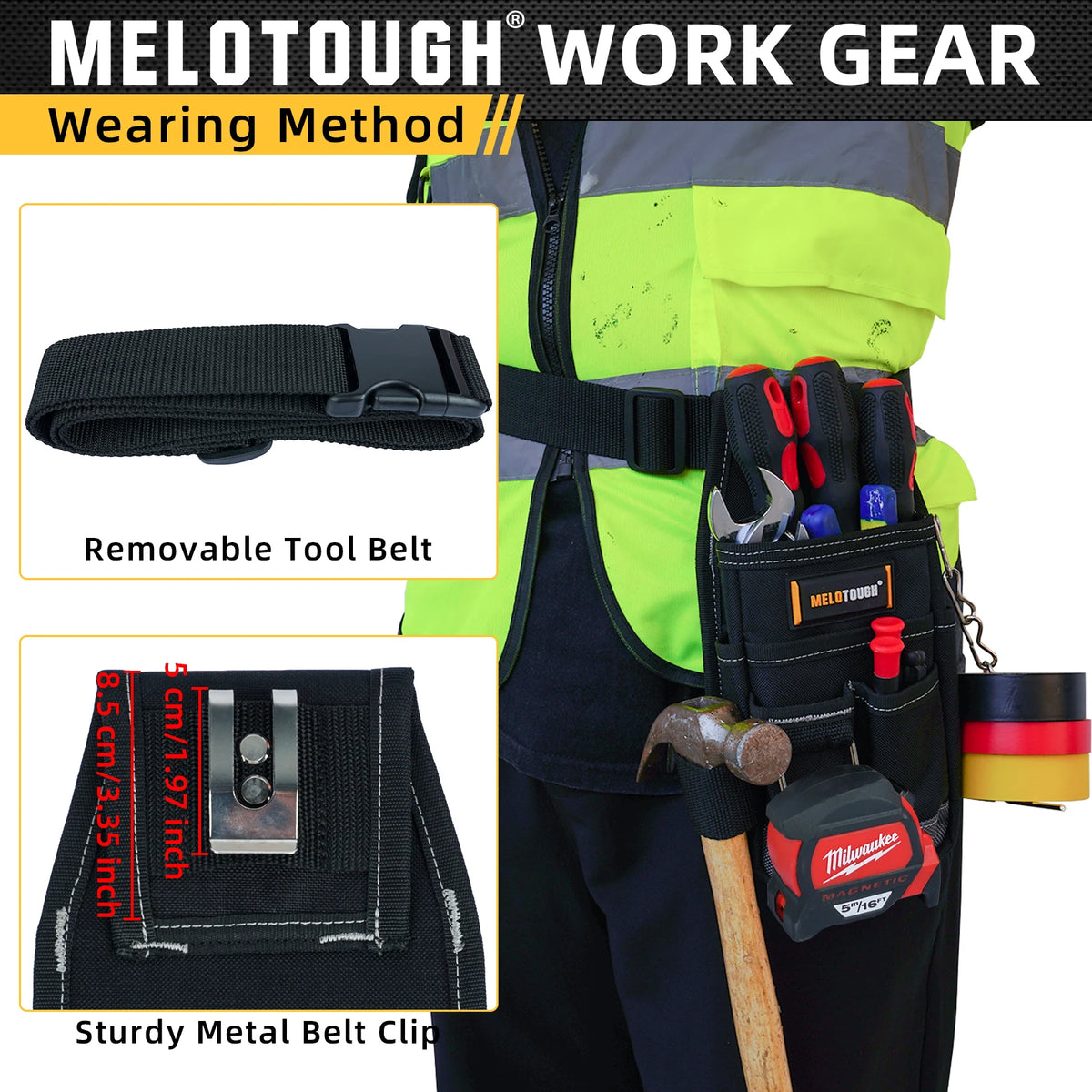 A yellow and black work uniform shows a tool belt with a removable belt and a sturdy metal belt clip on a black pouch.