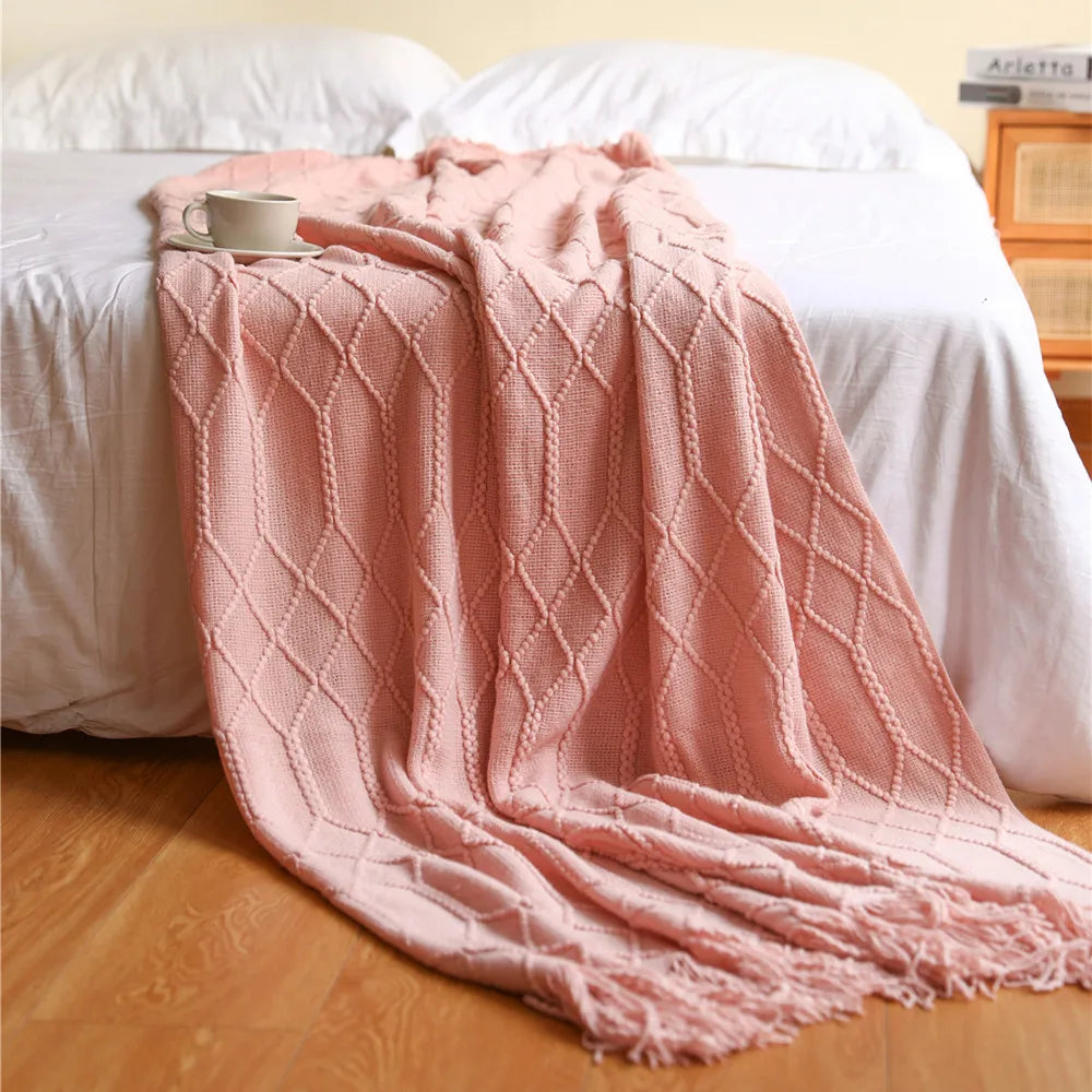 Khaki Knitted Throw Blanket with Tassels