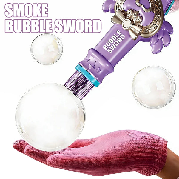 A purple bubble sword with a sparkly handle and clear glass bubbles is shown being held by a hand wearing a pink glove.