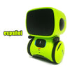 A lime green interactive voice-controlled robot toy with a black face and audio controls.