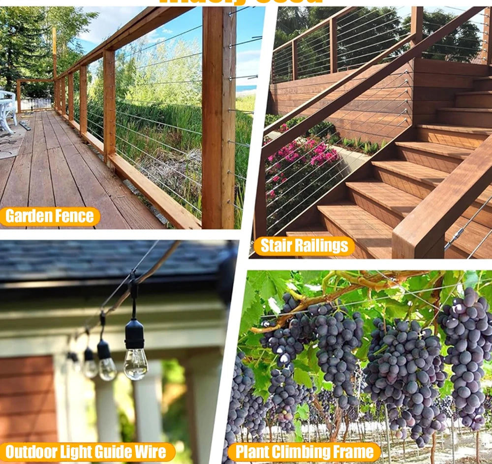 Various outdoor features including a garden fence, stair railings, light guide wire, and plant climbing frame.