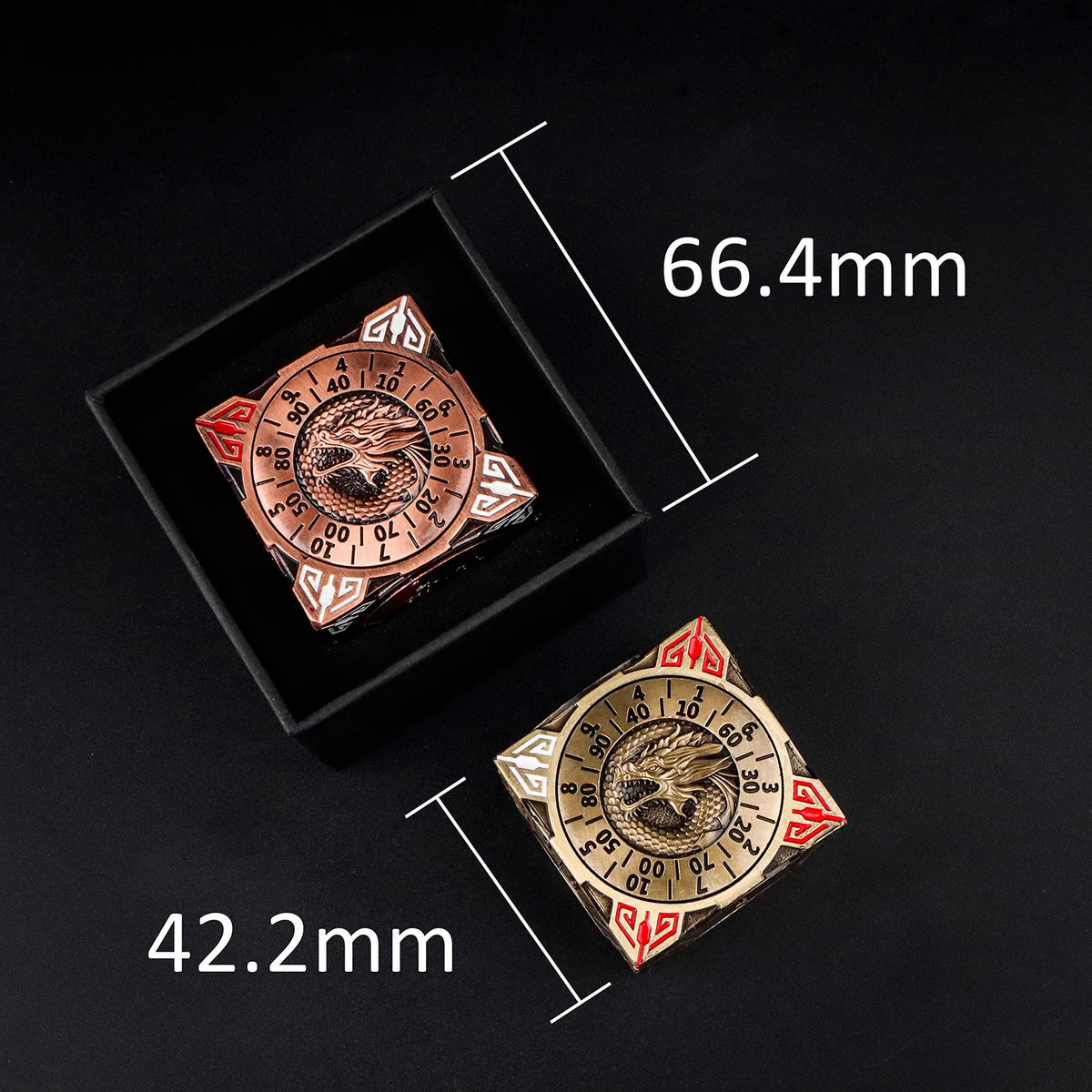A premium metal spinner dice cube for D&D is shown in a black box, with dimensions marked.