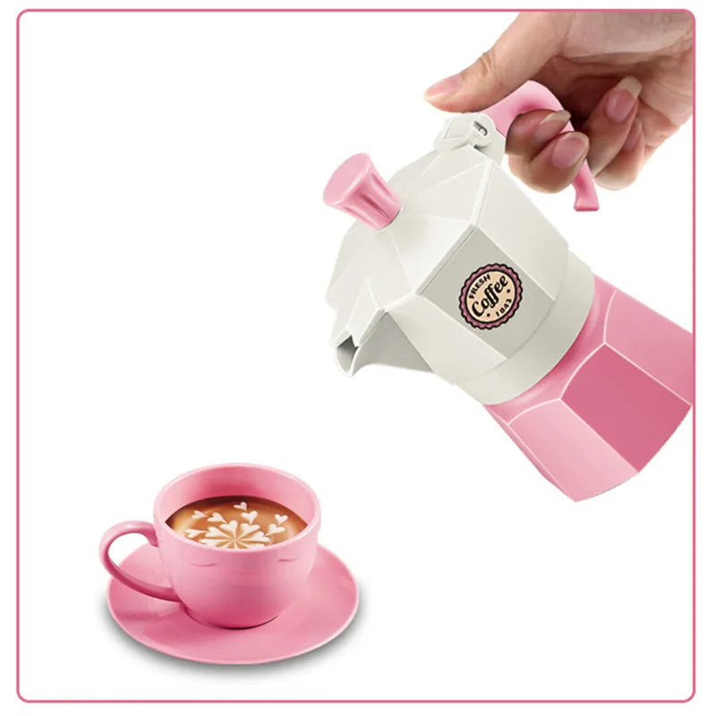 A pink kids pretend play tea set featuring a teapot and cup with a serving tray.
