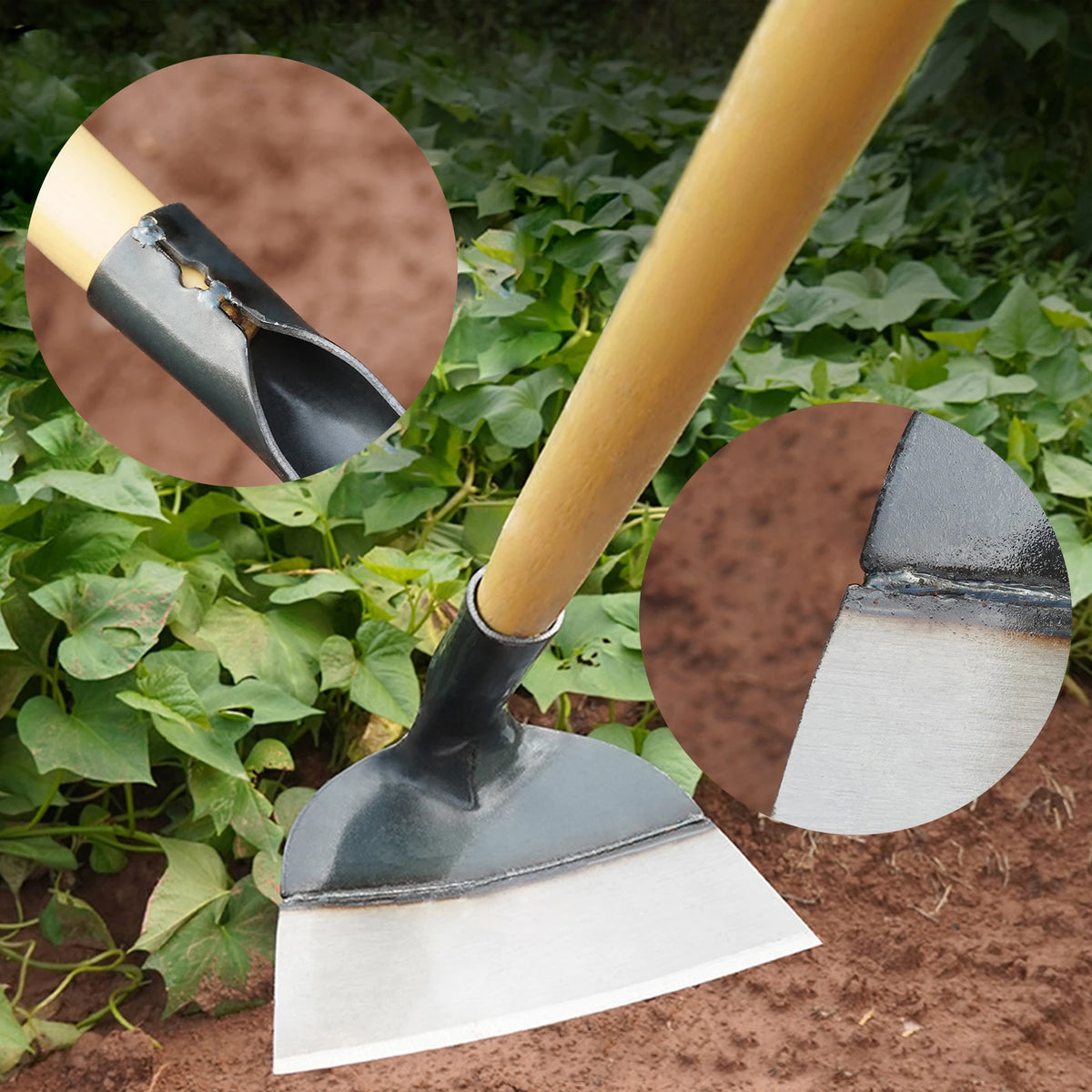 A close-up view of a stainless steel garden hoe with a yellow handle and a wide blade, shown against green foliage.
