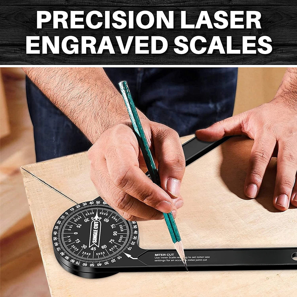 A hand is using a laser engraved miter cut protractor on a wooden surface to measure angles.