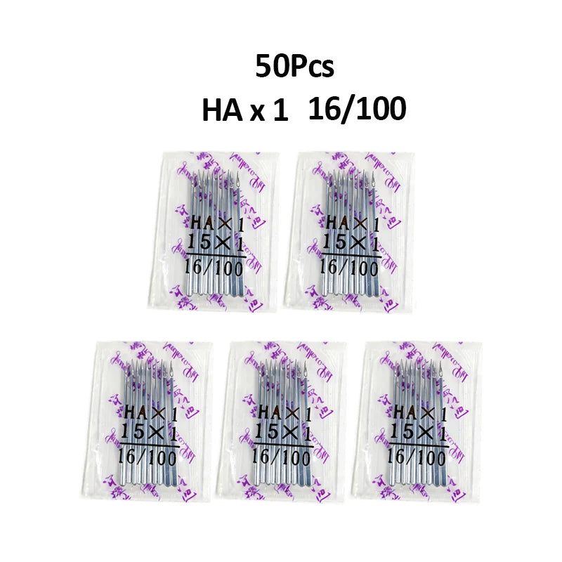 A pack of 50 sewing machine needles, HA x 1 16/100, packaged in clear plastic.