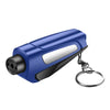 A blue compact car emergency escape tool with a silver window breaker and seatbelt cutter attached to a metal ring.