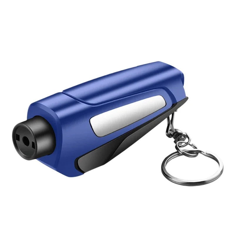 A blue compact car emergency escape tool with a silver window breaker and seatbelt cutter attached to a metal ring.