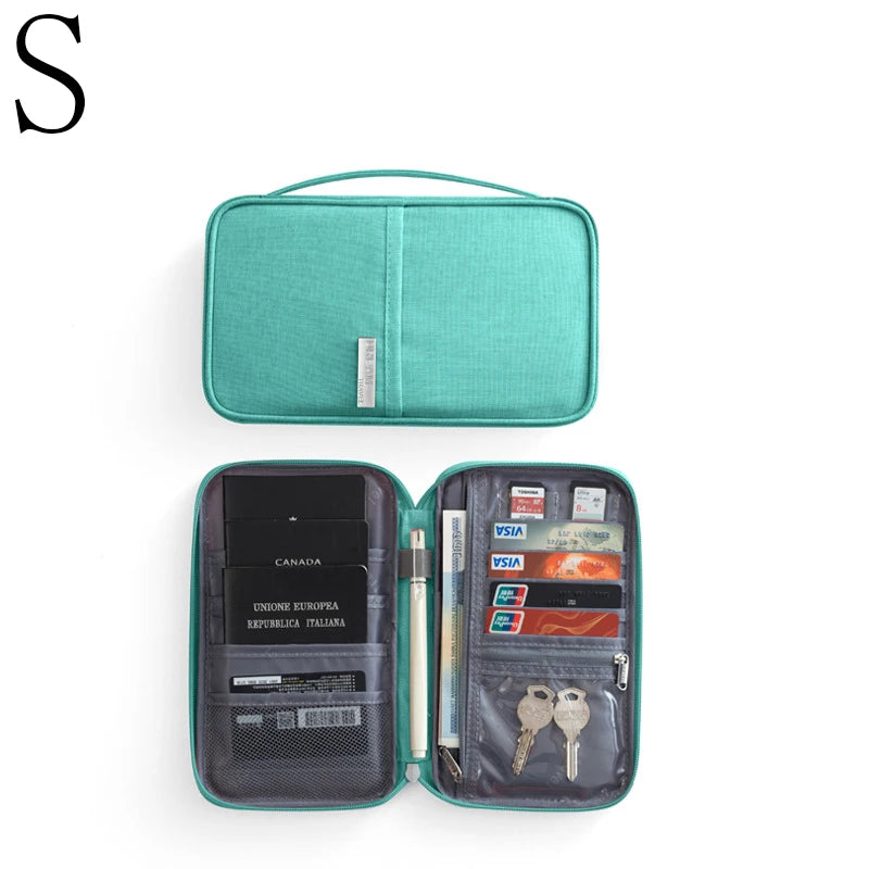 A teal waterproof family passport and document organizer wallet with a hinged flap.