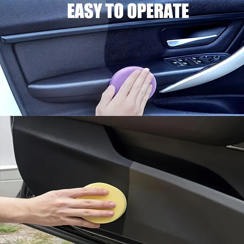 A hand applies a yellow coating to a dark car interior trim piece.