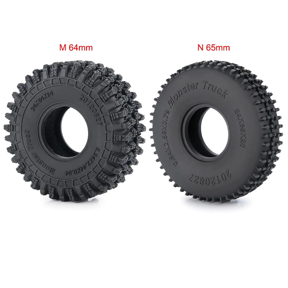 Two black Monster truck tires, one M 64mm and one N 65mm, shown from the side.