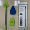 A green cleaning scrubber extends 35 inches, featuring a triangular brush head and a 3-in-1 design.