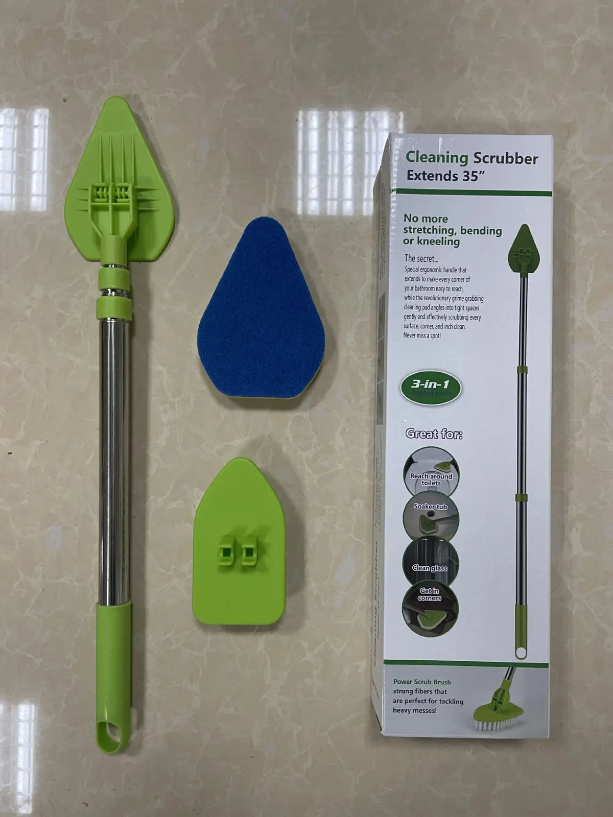 A green cleaning scrubber extends 35 inches, featuring a triangular brush head and a 3-in-1 design.