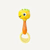 A yellow cartoon animal rattle toy with a textured head and an orange handle.