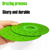 A hand holds a bright green diamond cutting and grinding blade with small holes for tile, stone, and glass.