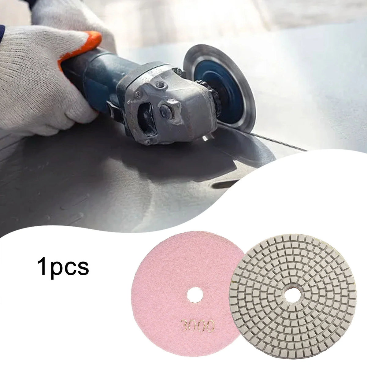 A hand is using a diamond polishing pad on a piece of stone or concrete, with two circular pads shown below.