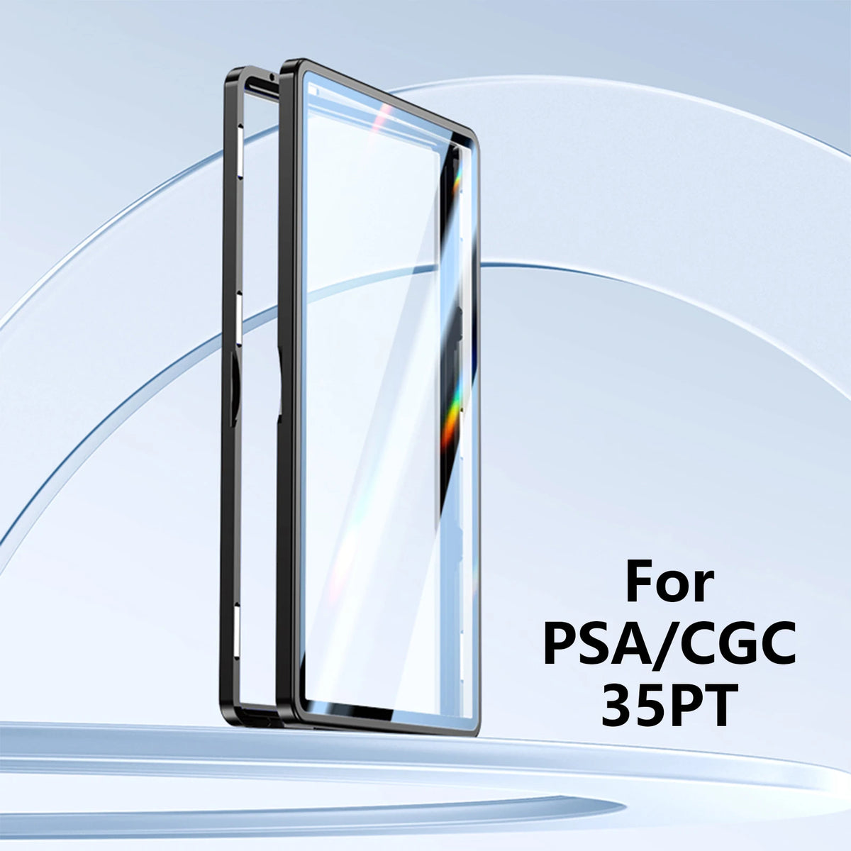A clear protective display case for a trading card, shown in a sleek, modern design.